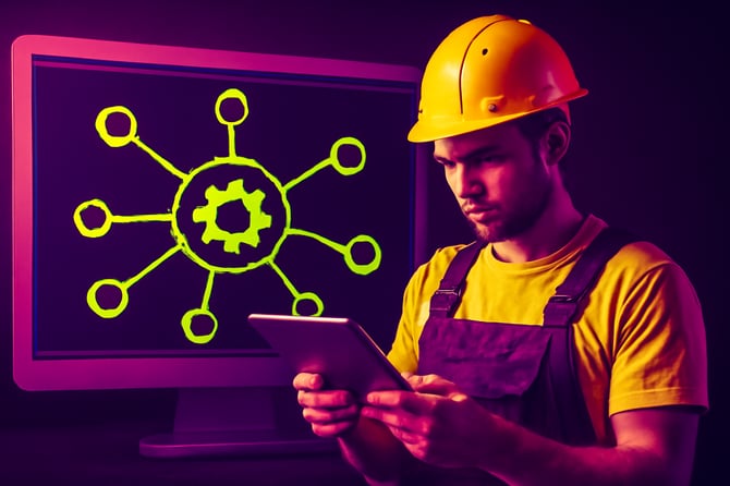 photographic please create a dramatic image for the section 3 Contractor Ecosystem Automation that uses our brand colours 400048 561A59 ECFF42 fffff 2