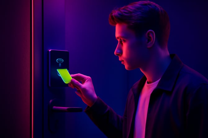 photographic please create a dramatic image for the section 5 A Modern Frictionless Access Experience that uses our brand colours 400048 561A59 ECFF42-1